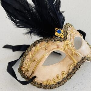 Venetian Style Red Silver Masquerade Mask Feather Flower Plaster Finish